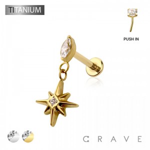 STARBURST DANGLE BEZEL CZ TOP THREADLESS (PUSH IN) IMPLANT GRADE TITANIUM LABRET SET